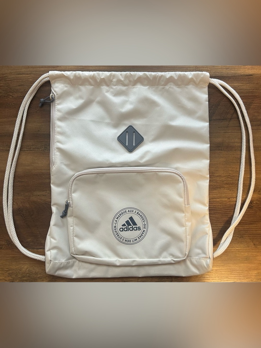 adidas Beige Drawstring Backpack with Front Zip Pocket